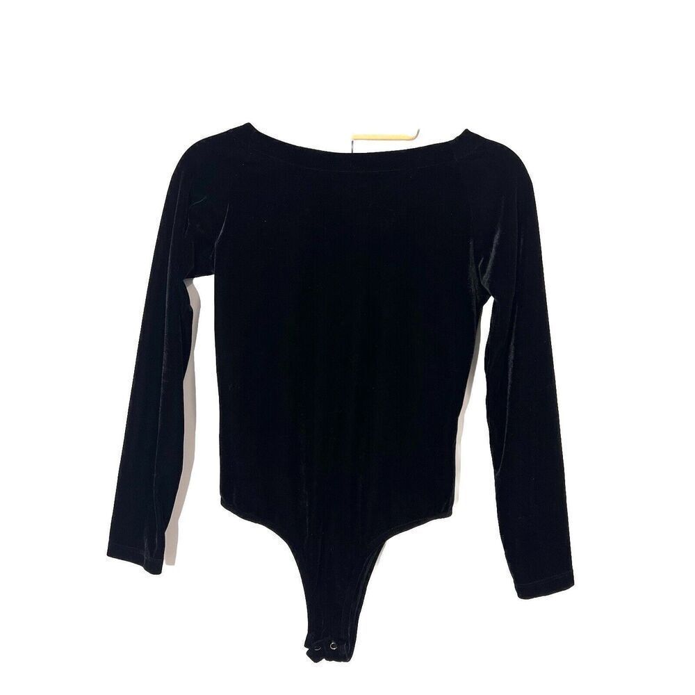 Farm Rio Bodysuit Women’s M Black Velvet Open Back Long Sleeve